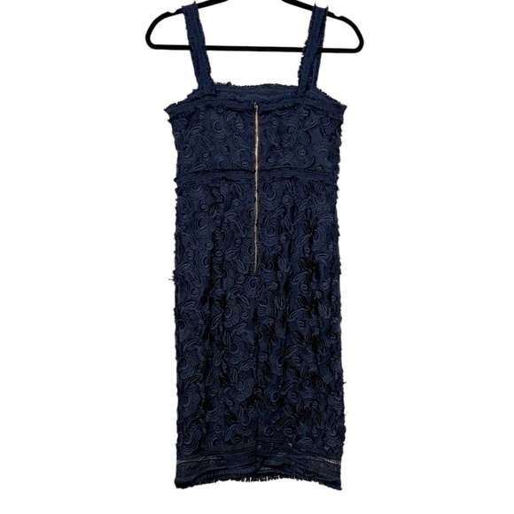 Trina Turk Dress Size 6 Navy Blue Textured Floral Embroidered Fringe Trim - Picture 12 of 14
